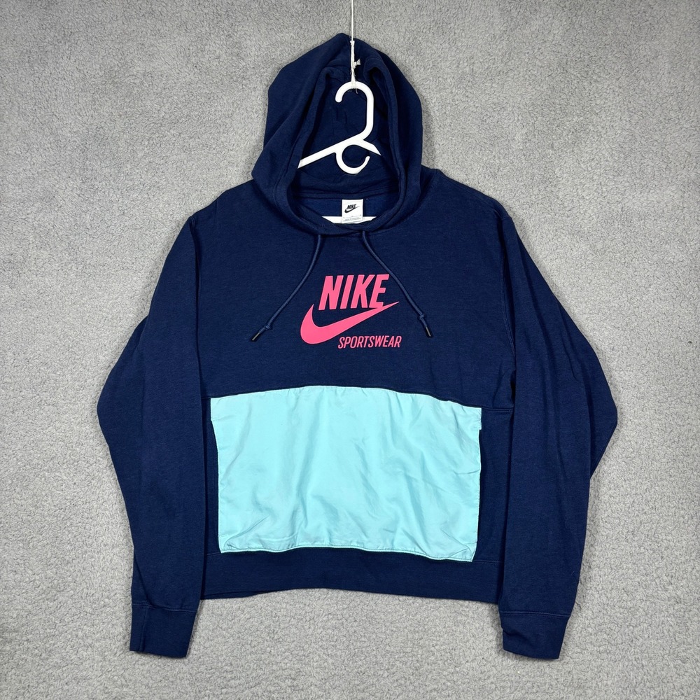 Nike Hoodie Womens L Navy Blue Sportswear Colorblock Pullover Pink Aqua Logo